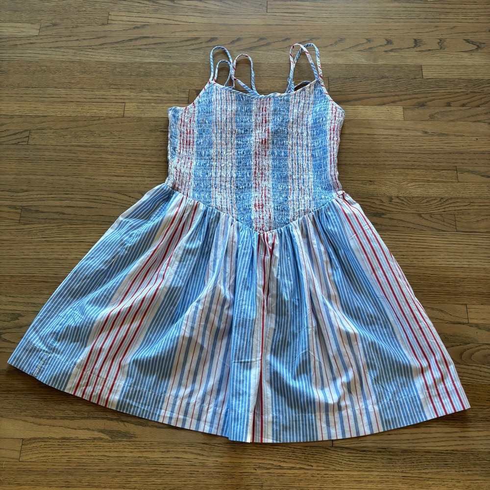 Free Assembly Womens Blue Red Striped Smocked Fit & Flare Mini Dress Size M 8-10